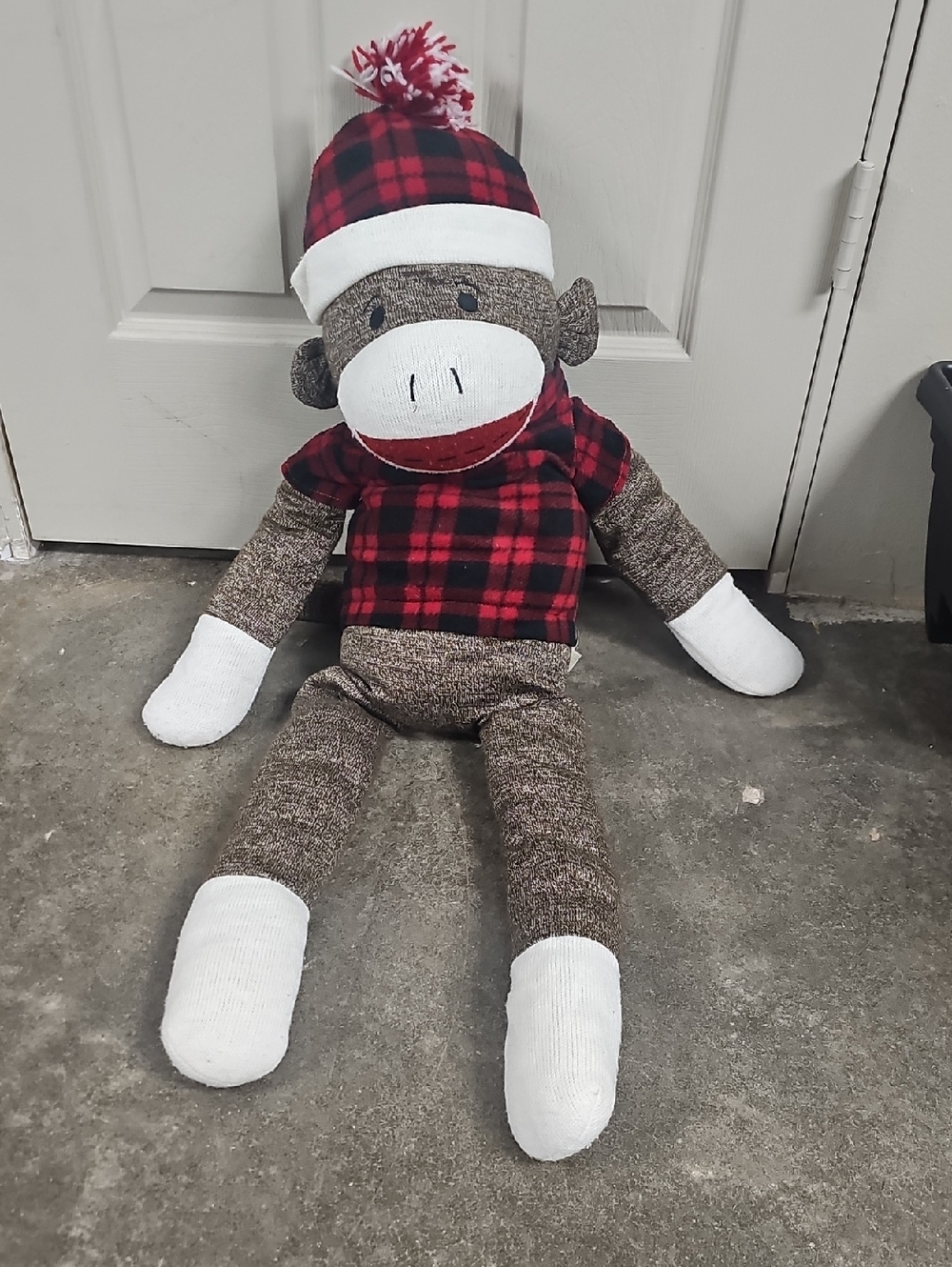 Plush Sock Monkey Toy in Red Plaid Hat and Shirt